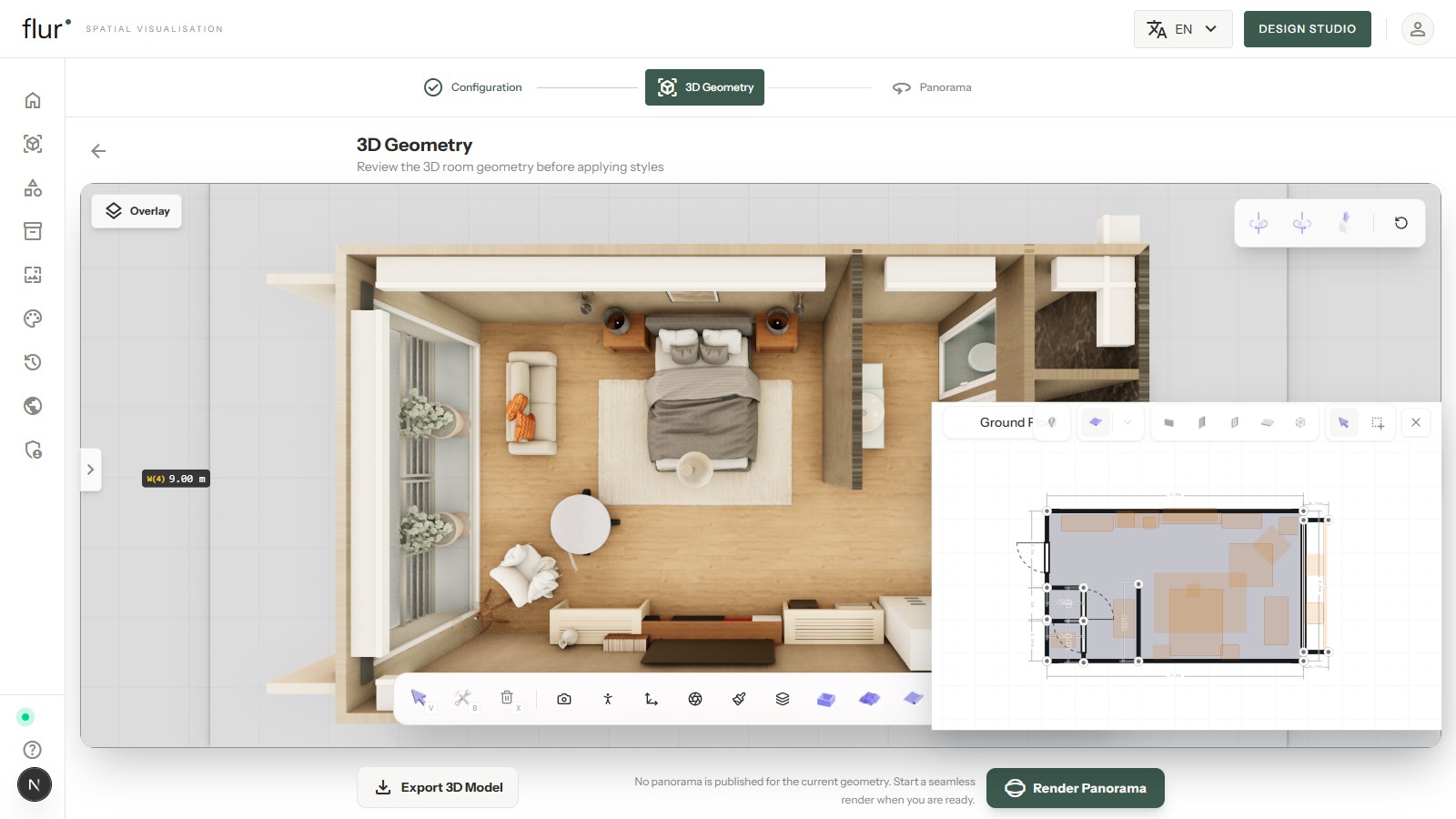 Top-down view of a Flur-built hotel room next to its 2D floor plan overlay, showing furniture placement and wall dimensions
