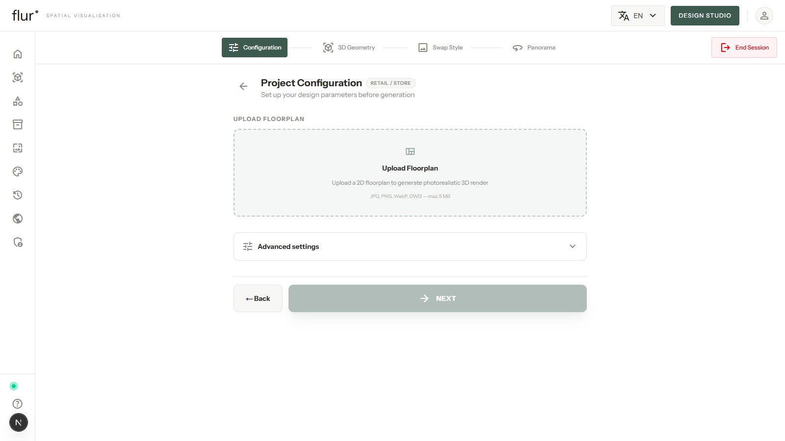 Flur's retail store configuration screen, showing an upload-floorplan prompt tagged Retail / Store