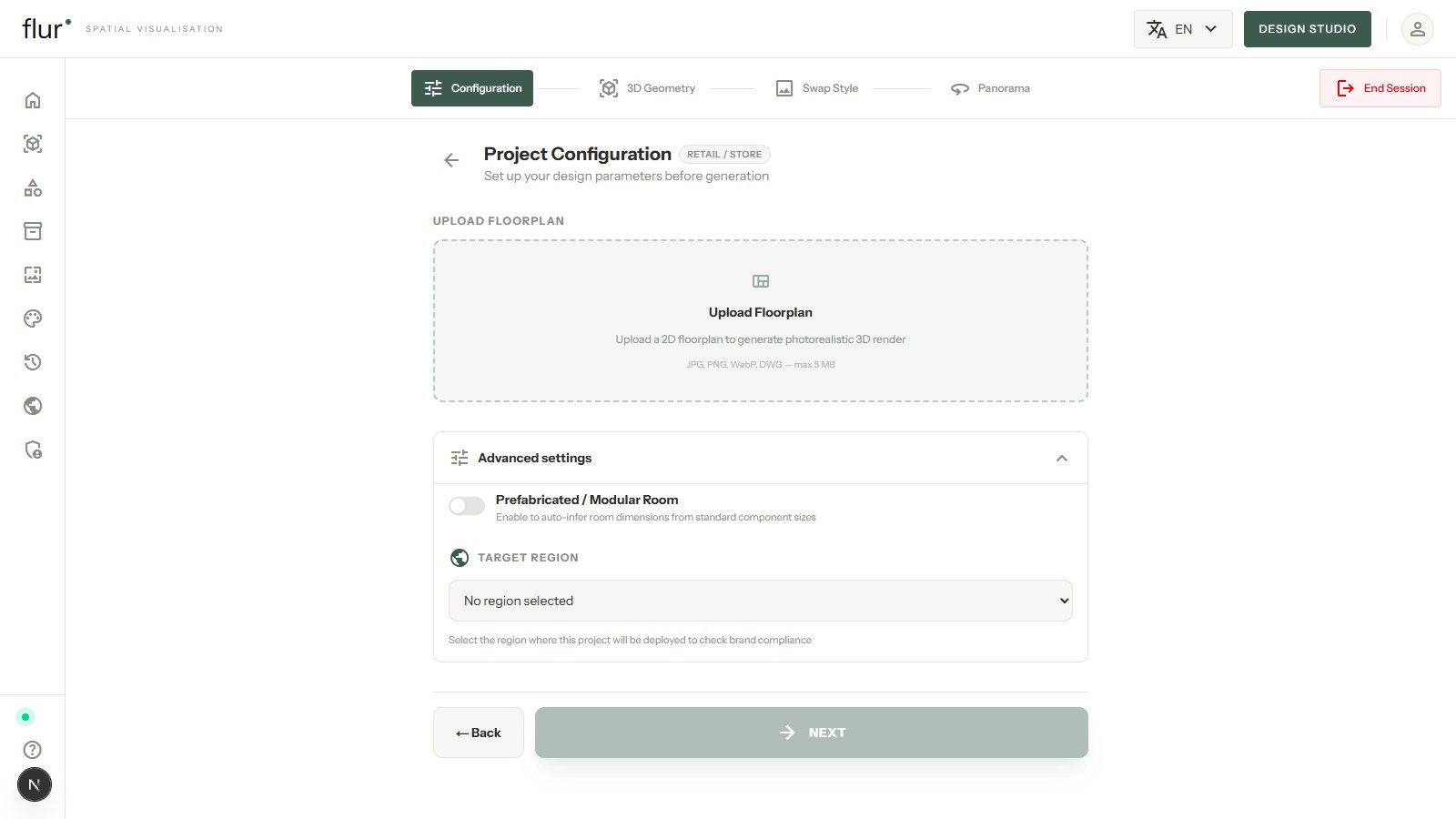 The retail configuration screen's advanced settings, showing a prefabricated/modular room toggle and a target region selector for brand compliance
