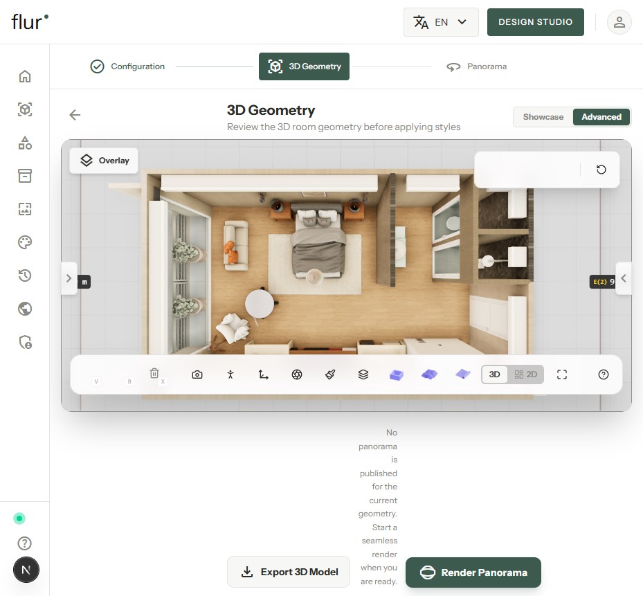 Advanced mode's full editor toolbar over the same room — select, camera, wall, material, and layer tools, plus a 3D/2D toggle