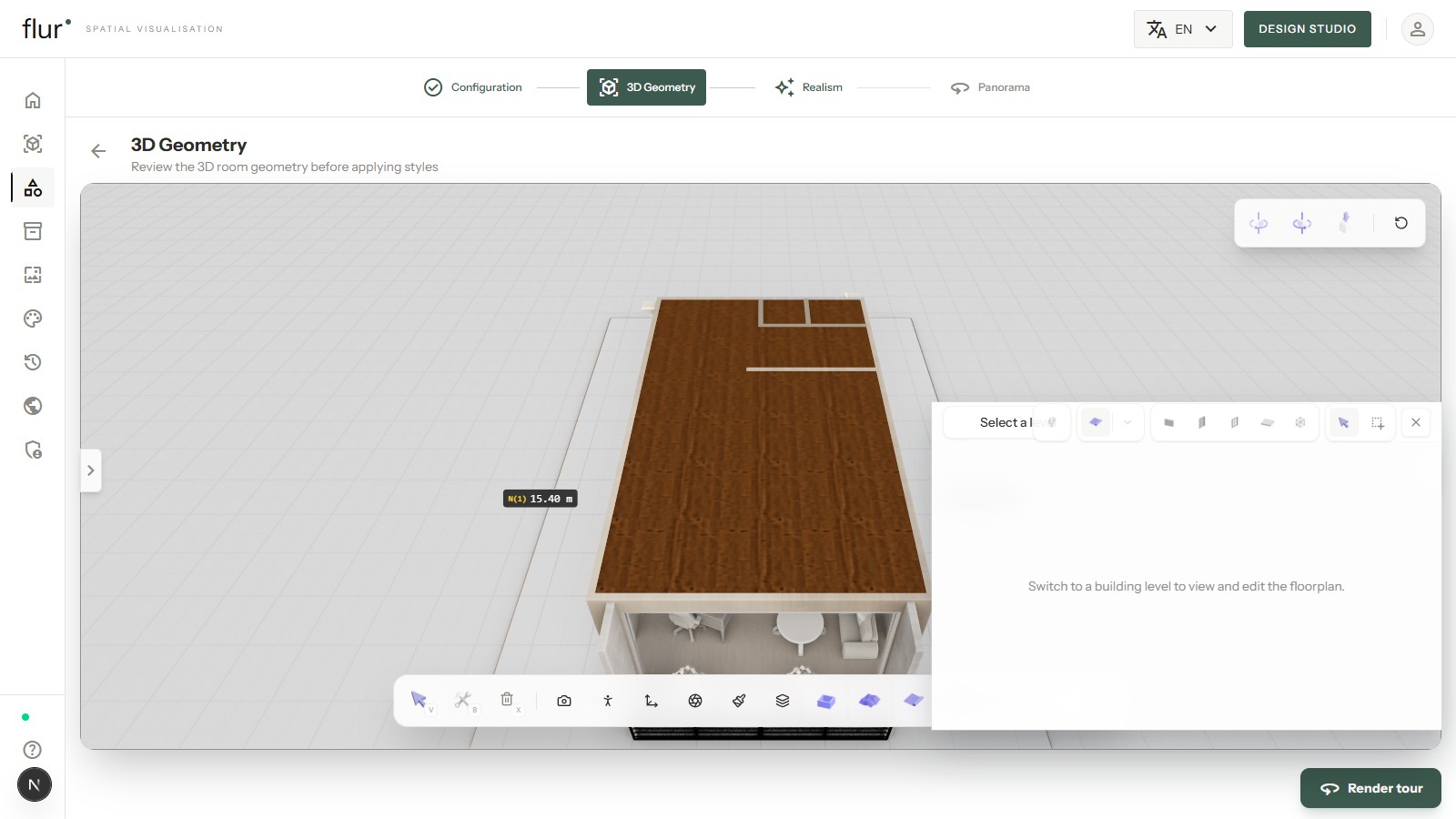 Flur's 3D Geometry step viewed at an angle, showing walls and furniture as separate objects in the scene graph