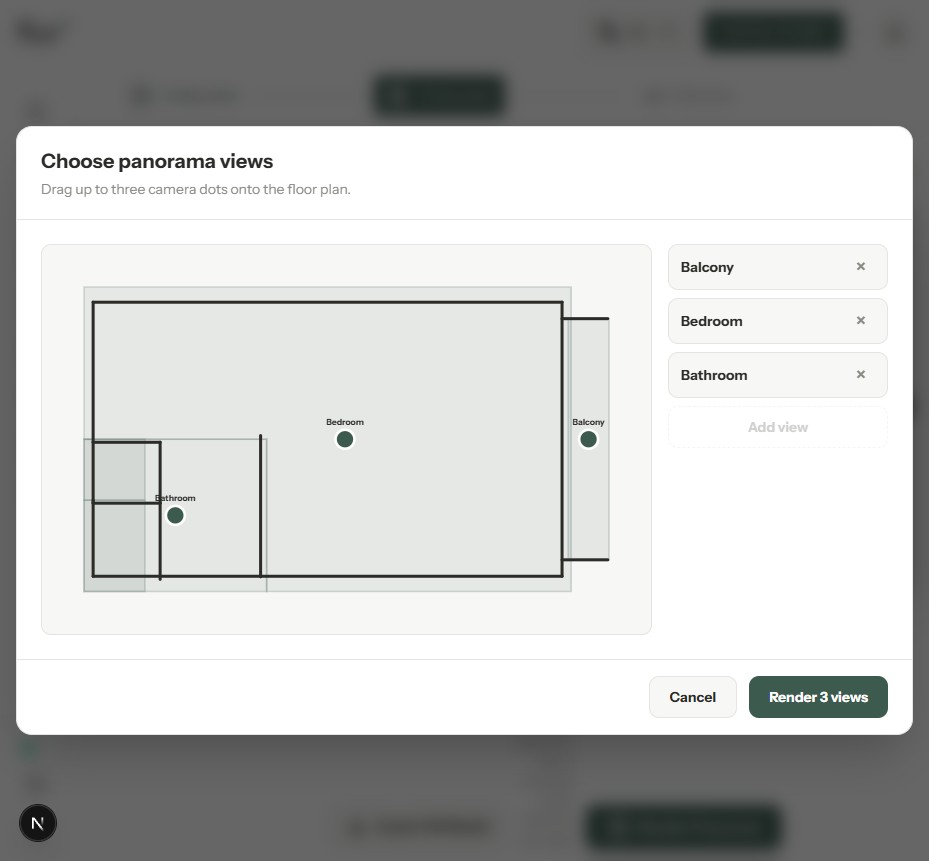 The panorama step's viewpoint picker, with camera dots placed on the floor plan for the balcony, bedroom, and bathroom