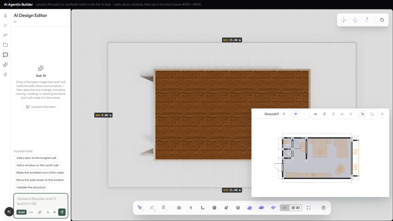 The agentic builder in Build mode, with an "Upload a floorplan and I'll build it in 3D" prompt and a different room geometry loaded