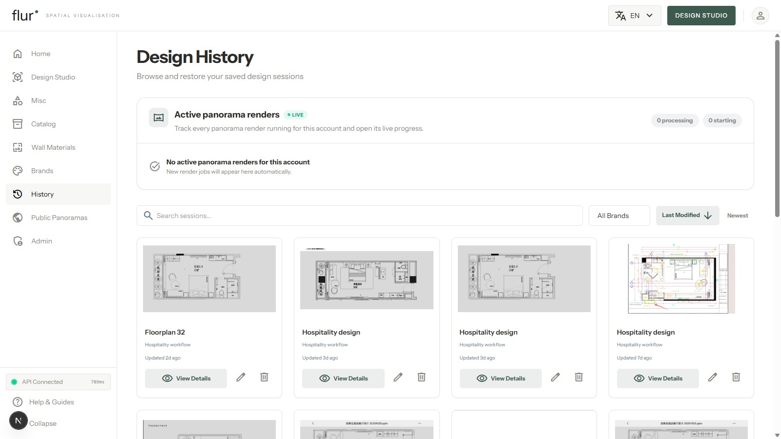 A design history overview showing multiple saved floor plans and their status, with active render tracking
