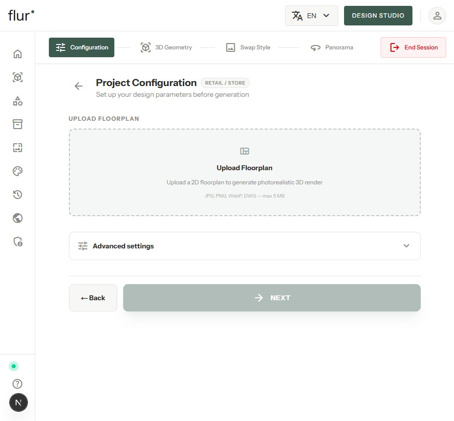 The retail floor plan configuration screen, ready to upload a 2D plan for a store project