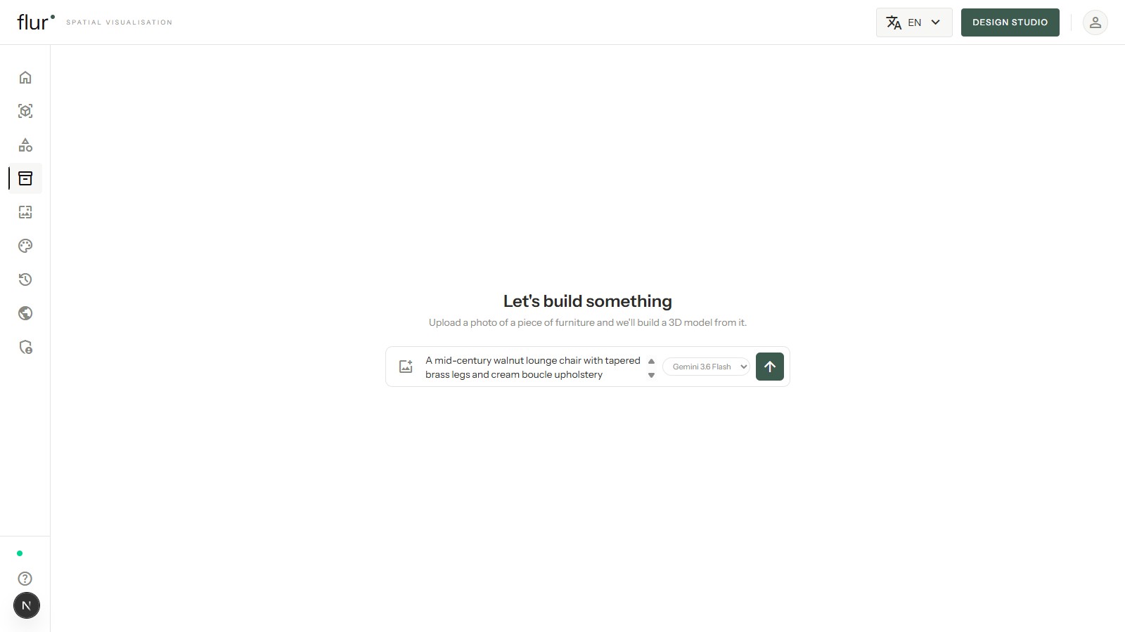 The catalog/create chat panel with a furniture description typed in, ready to build a 3D model from the recipe