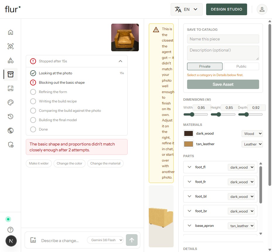 The catalog/create critique panel after two redraft attempts, showing a "didn't match closely enough" warning next to editable dimension, material, and part fields