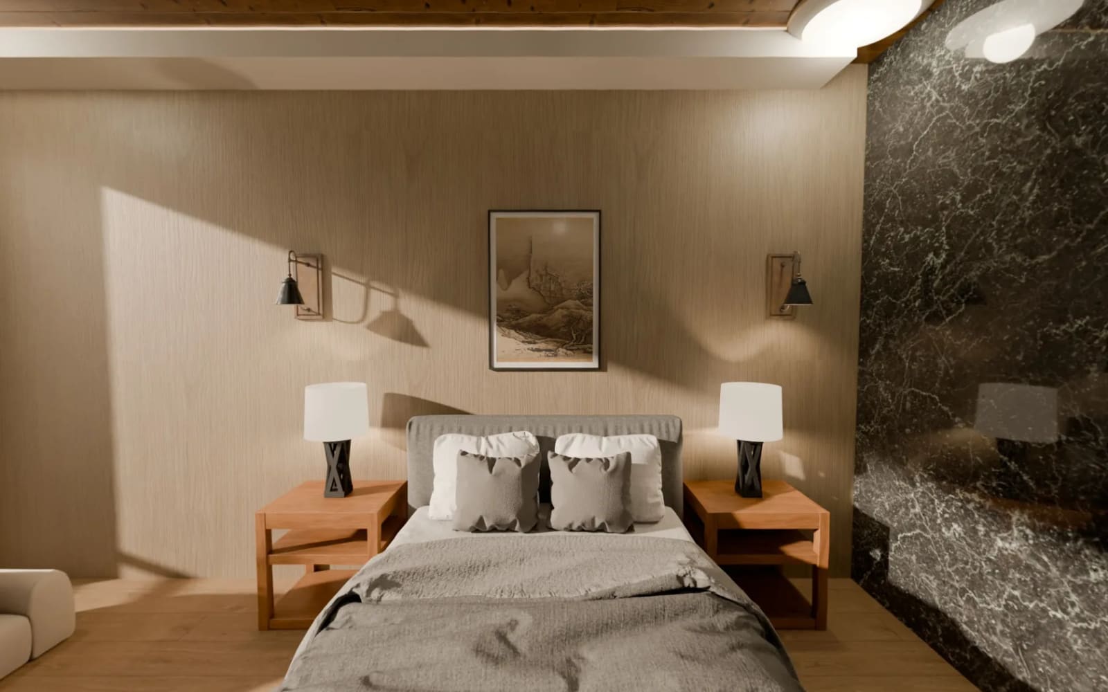 Photorealistic Flur render of a hotel bedroom with a marble accent wall, warm wood ceiling, and made bed