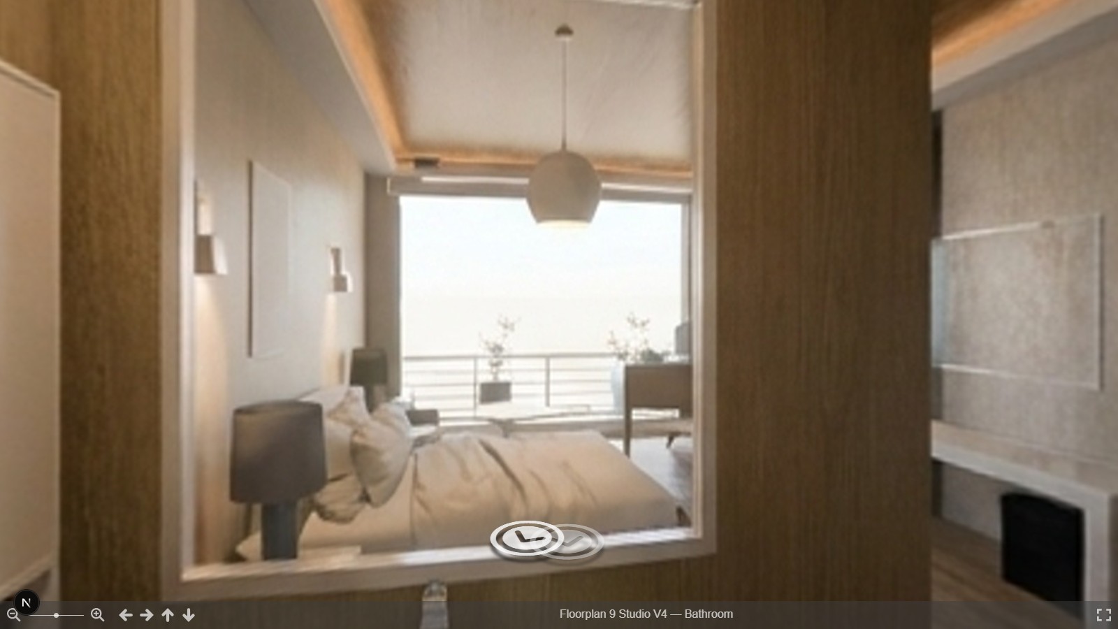 Photorealistic render of a bright bedroom seen through a doorway, with a pendant light and a balcony view beyond