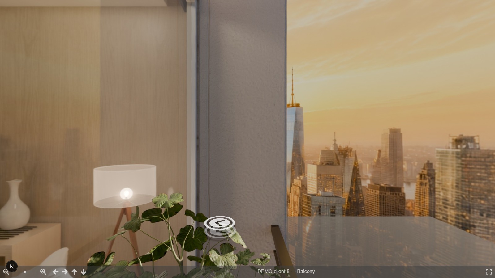 A published panorama tour opened as a stakeholder would receive it, showing a room with a floor-to-ceiling window overlooking a city skyline at golden hour