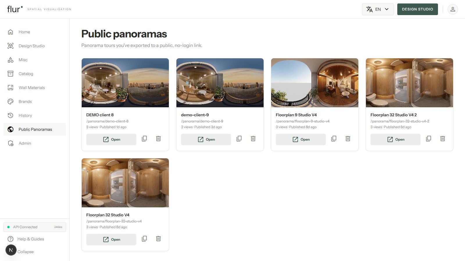 The public panoramas gallery, showing multiple published tours a stakeholder could be sent a link to