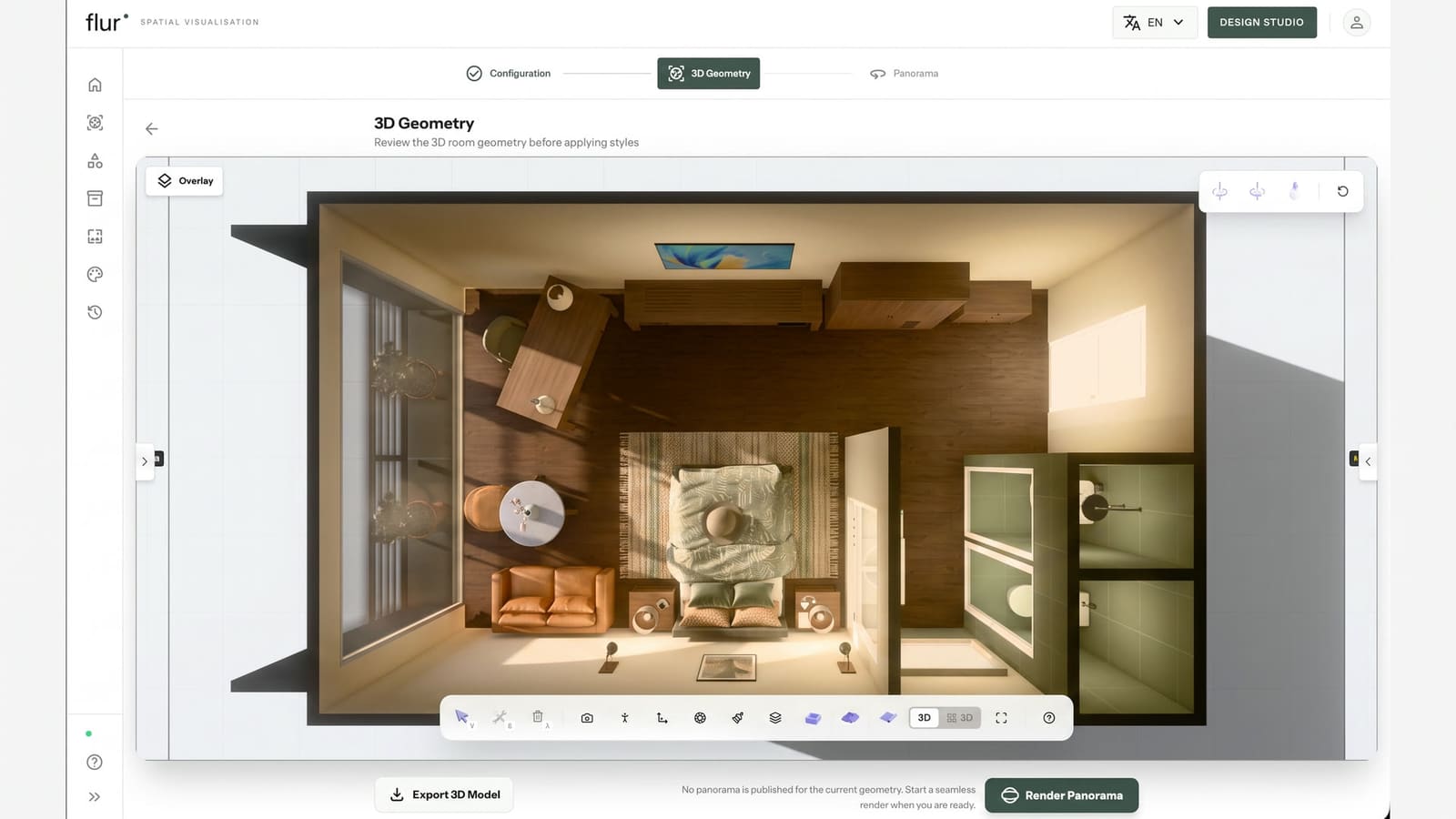 Top-down view of a Flur-built hotel room in the 3D Geometry step, showing furnished bedroom and bathroom layout