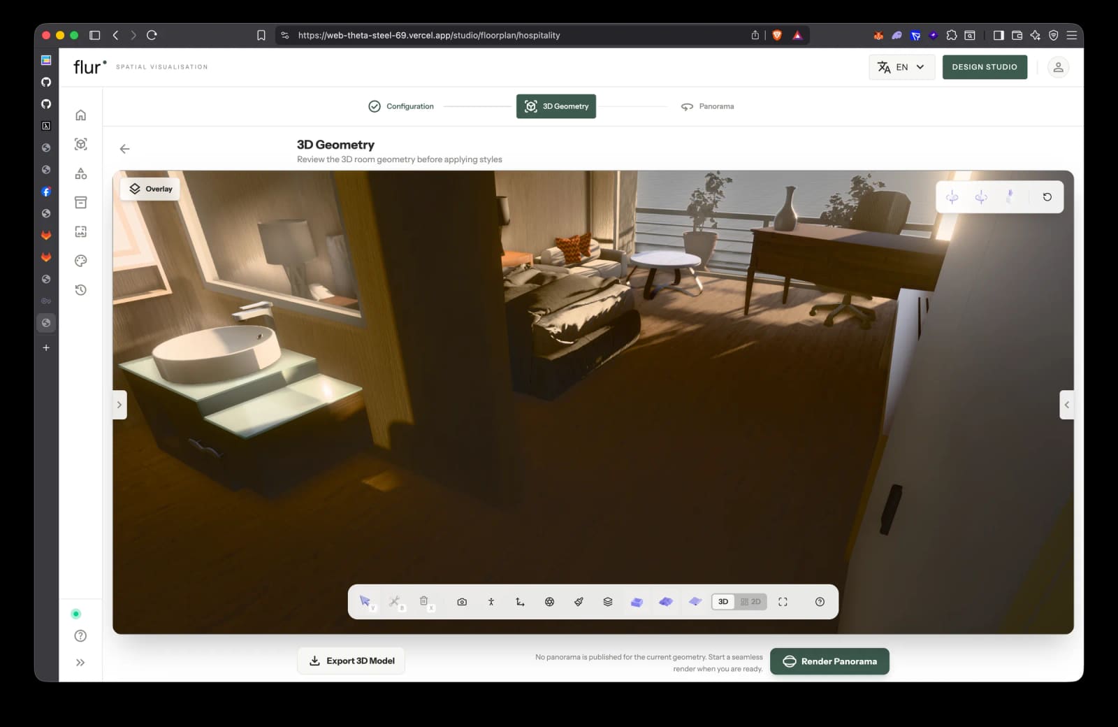 Flur's 3D Geometry step, showing a furnished hotel bedroom and bathroom built from a floor plan